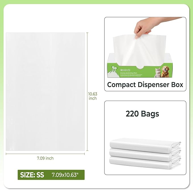 Odor Sealing Dog Poop Bags (220 Bags) Unscented & Durable Dog Waste Bags, Block Smells [Size:XS, Color:White]