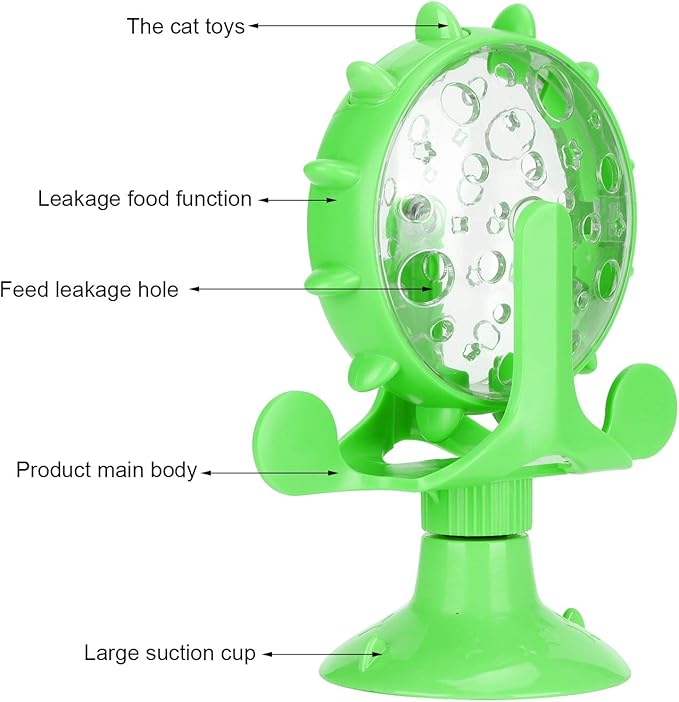 GLOGLOW Cat Food Leakage Toy, Windmill Treat Dispensing Cat Puzzle Food Interactive Toy Kitten Slow Feeder Snacks Distribution with Powerful Suction Cup(Green)