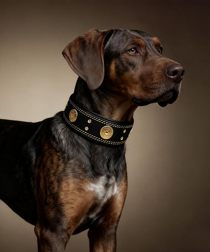 Leather Dog Collar, 2 inches Wide Heavy Duty Genuine Leather Collars, Handmade, Soft, and Luxury, Eye-catching Best Choice for Large and Medium Breed Dogs, Black-Gold 18.5-22.5 in