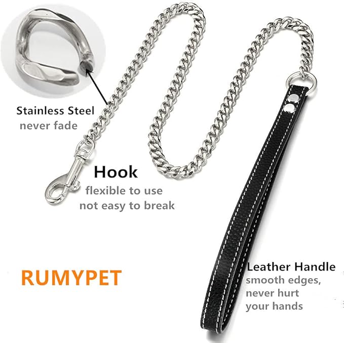 Silver Chain Dog Leash 11MM Solid Chew Proof 316L Stainless Steel Cuban Link Chain with Genuine Leather Handle Training Walking 3FT/4FT/5FT for Small Medium Large Dogs(11mm,5ft)…