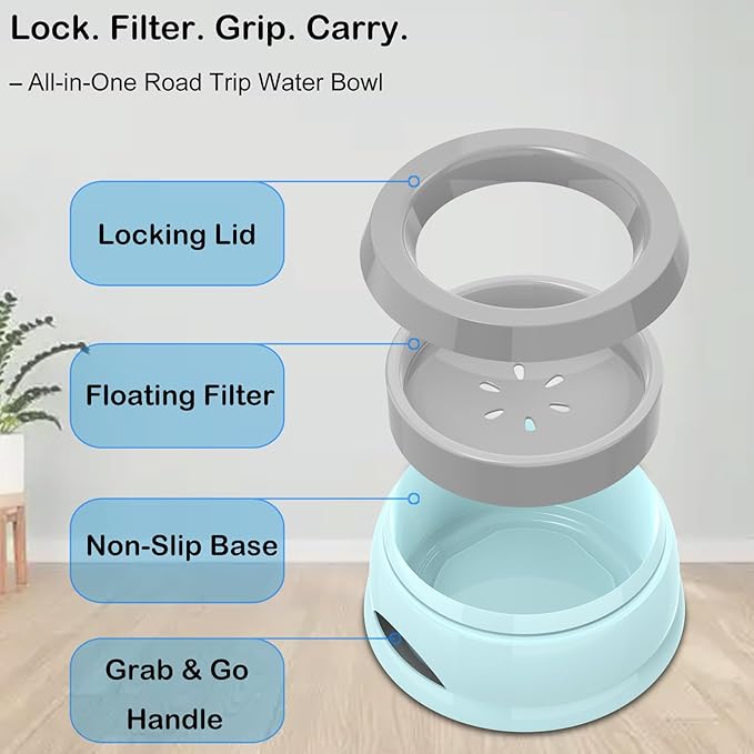 25oz Slow Drink Dog Water Bowl, No Spill Water Bowl for Dogs Cats, Non-Splash No Mess Puppy Kitten Water Feeder, Carried Portable Base for Vehicle Car,Travel,Home (Small/Medium Pets) - Blue
