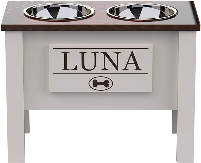 GTW Personalized Elevated Dog Bowl Stand for Large, Medium, Small, X-Small Dogs - Stainless Steel Food and Water Bowls - Raised Dog Dish (X-Large, Flag Design)