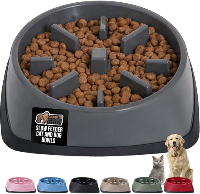 GORILLA GRIP Patented BPA Free Slow Feeder Dog Bowls, 4 Cup Interactive Puzzle Toy for Dogs and Cats Food Training Enrichment, Keeps Pets Busy and Prevents Puppy Overeating, Large Breeds, Gray