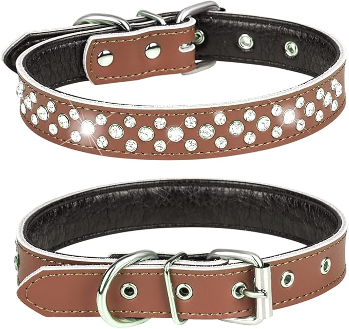 Rhinestones Dog Collar, Adjustable Sparkly Crystal Studded Genuine Leather Pet Dog Collar for Small and Medium Breeds (L fit Neck 14.5-18", Brown)