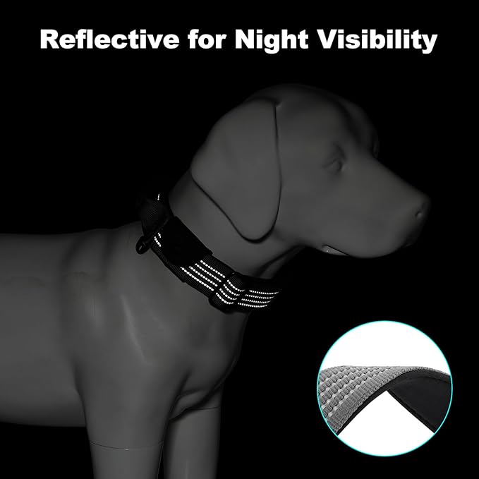 Plutus Pet Tactical Dog Collar with Tracker Pocket for AirTag, Adjustable Reflective Nylon Collar, Metal Buckle, Leather-Wrapped Handle, Soft Padded for Medium Large Dogs (Gray, M)