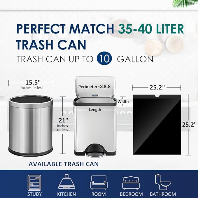 10 Gallon Drawstring Trash Bags (fit 30-35 Liter), 120 Counts Medium Large Kitchen Garbage Bags Trash Can Liners for Home, Office, Light Residential Waste Outdoor Lawn Bags, Black