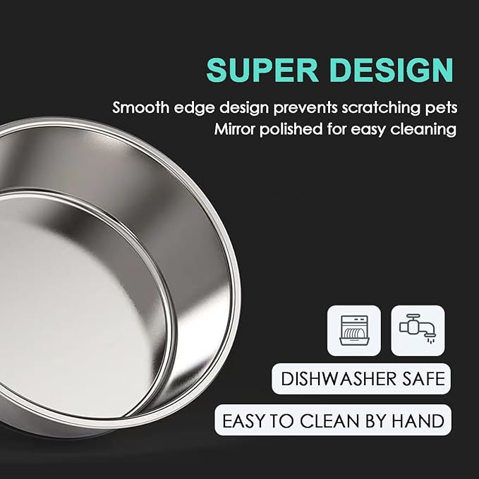 Deep Stainless Steel Non-Skid Dog and Food Bowls, Each Holds Up to 16 Cups, Set of 2 Packs(10.2 x 3.2 Inches)