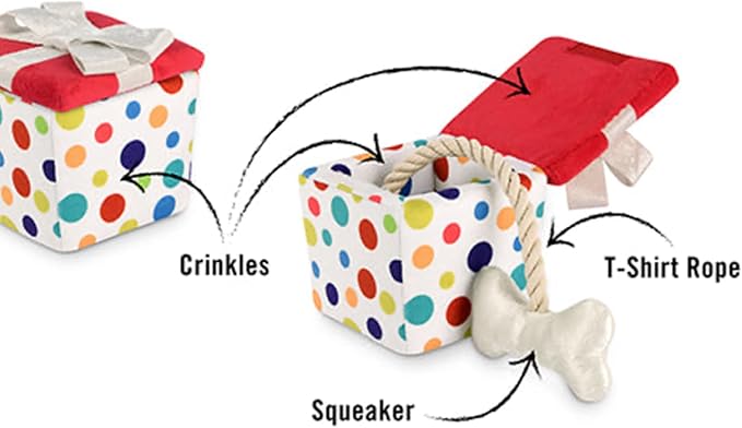 P.L.A.Y. Cute Plush Dog Toys - Birthday Party Celebration Themed Durable Squeaker Chew Toy, Great for Puppies & Small, Medium, Large Dog - Machine Washable, Recycled Material (Pawfect Present, Medium)