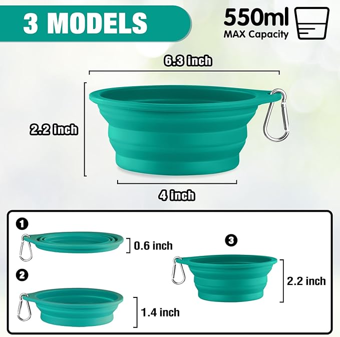 Rest-Eazzzy 2-Pack Silicone Collapsible Dog Bowls, BPA Free Dishwasher Safe, Portable Foldable Travel Bowl, Food Water Feeding Cup Dish for Dogs Cats with 2 Carabiners (Green, Pink, 550 ML)