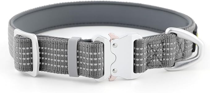 Plutus Pet Reflective Dog Collar with Aviation Aluminum Buckle, Neoprene Padded for Comfort, Lightweight, Heavy Duty Nylon Collar for Puppy Small Medium Large Dogs (Gray, XL)
