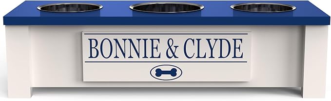 GTW Personalized Elevated Triple Dog Bowl Stand for Large, Medium, Small, X-Small Dogs - 3 Stainless Steel Food and Water Bowls - Raised Dog Dish with Internal Storage (Small, Blue)