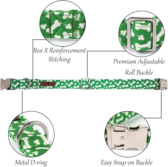 Lionet Paws St. Patrick Green Dog Collar, Bone Dog Collar for Large Dogs, Adjustable Cotton Clover Pet Collars for Medium Large Dogs