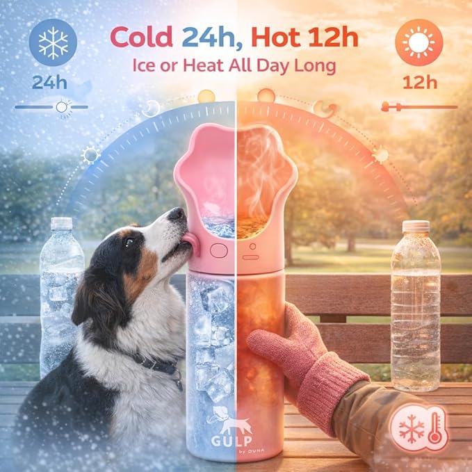 Duna Gulp 18oz Dog Travel Water Bottle with Paw-Shaped Bowl - Insulated Stainless Steel, Leakproof & Portable with Carry Strap for Outdoor Walking, Hiking & Pet Hydration on-The-Go - Pink