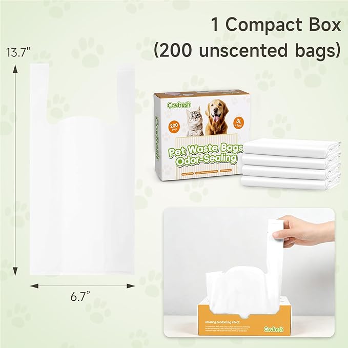 Odor-Sealing Dog Poop Bags with Handles 200 Count Pet Waste Bags, Large Capacity & Unscented Poop Bags for Dogs or Cat Litter, Conceals Smell & Mess (White)