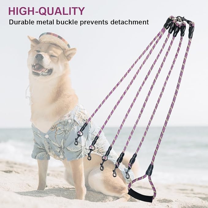 Dual Dog Leash 360° Tangle-Free - Reflective Heavy Duty, Comfortable Handle for Small/Medium/Large Dogs, Support Multiple Rope Addition (Purple 1, Five Leashes)