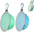 SLSON Collapsible Bowl with Cover Lids,2 Pack Dog Travel Bowls Portable Foldable Cat Water Dish Bowl for Pets Walking Parking Camping (Light Blue and Green, Small)