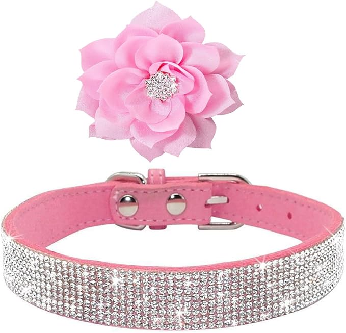 Cute Dazzling Sparkling Elegant Fancy Soft Suede Leather Bling Rhinestone Crystal Jeweled Pet Cat Dog Puppy Collar Dog Leash Combo Set (L(Neck 15-18"), Pink-6)