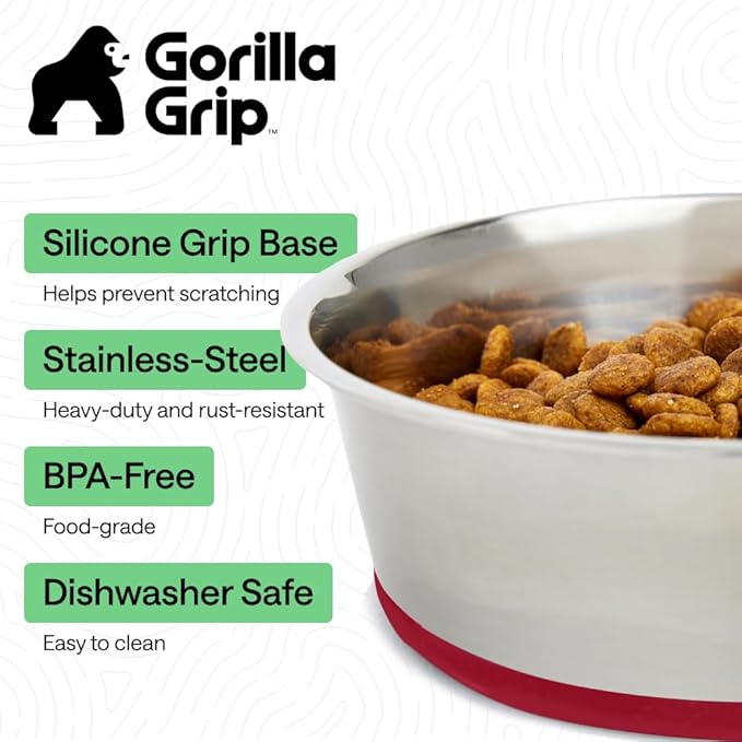 GORILLA GRIP Dog Bowls, Holds 4 Cups Each (32 fl oz), Heavy Duty Stainless Steel Food and Water Bowl for Feeding Dogs and Cats, Dishwasher Safe, Rust Resistant, BPA Free Rubber Base, Set of 2 Red