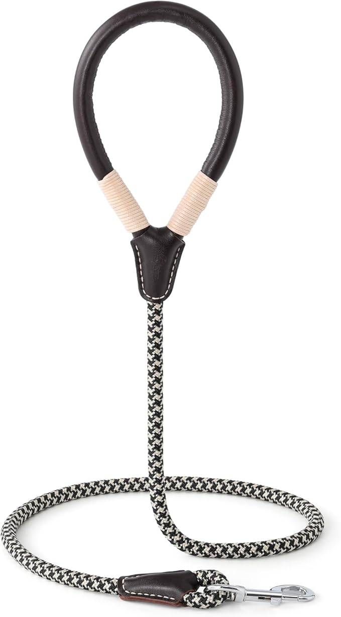 Mile High Life Genuine Leather Wrapped Handle Dog Leash, w Heavy Duty Clasp Rope Leash for Small Medium Large Dogs (Black Khaki, 6FT)
