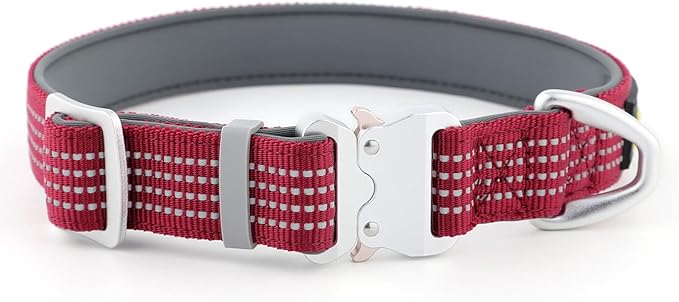 Plutus Pet Reflective Dog Collar with Aviation Aluminum Buckle, Neoprene Padded for Comfort, Lightweight, Heavy Duty Nylon Collar for Puppy Small Medium Large Dogs (Burgundy Red, L)