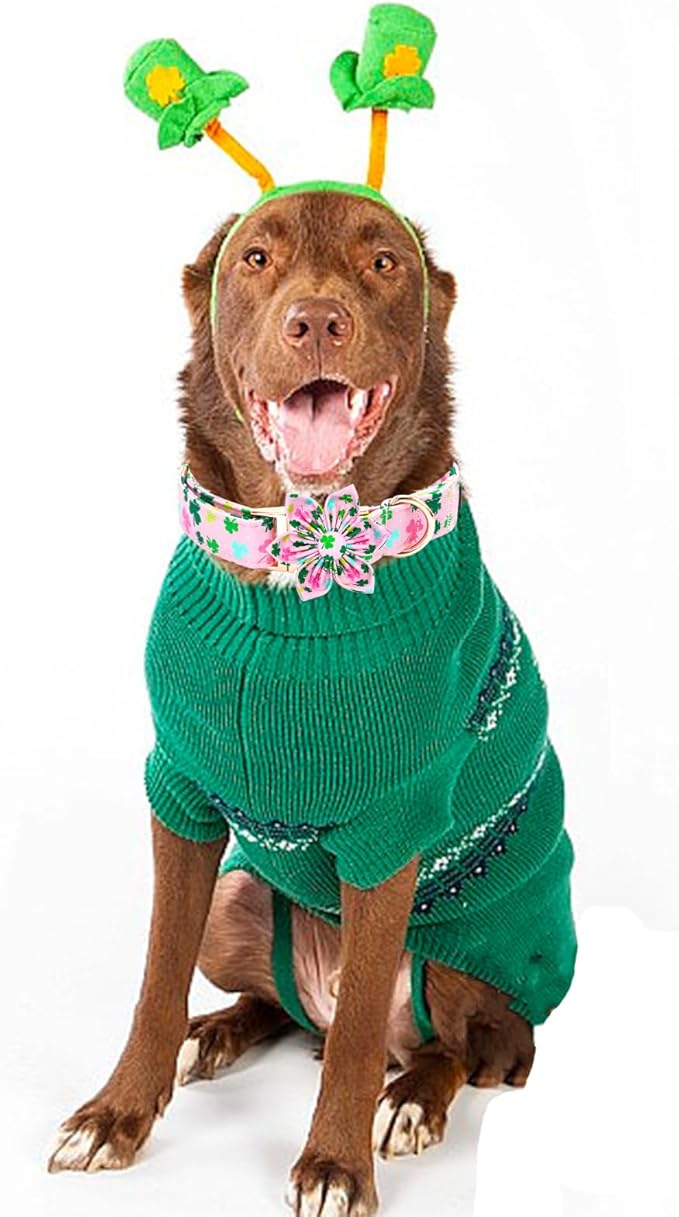 Elegant little tail St Patrick's Dog Collar with Flower Green Cute Colver Cotton Shamrock Pet Collar Trefoil Puppy Collar Flower Holiday Adjustable Cotton Pet Collar for Small Medium Large Dogs