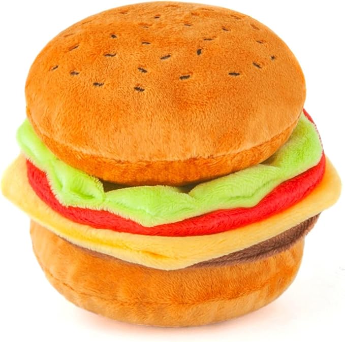 P.L.A.Y. Cute Plush Dog Toys - Fast Food Themed Durable Squeaker Chew Toy, Great for Puppies & Small, Medium Dogs - Machine Washable, Recycled Materials (American Classic Burger, X-Small)