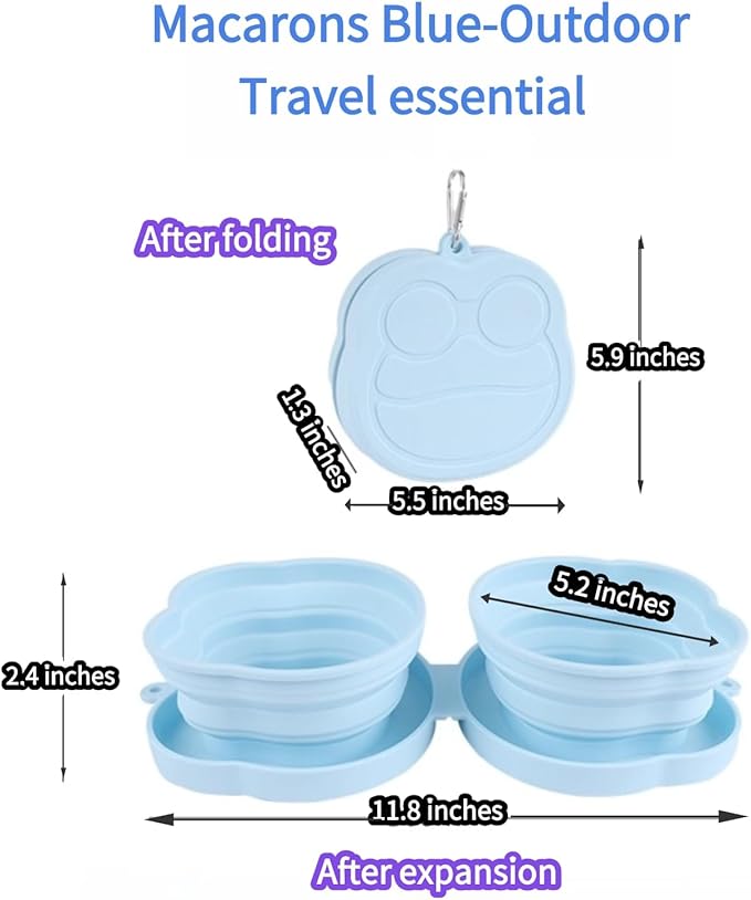 Large Dog Bowl Collapsible Dual Pet Bowl Flip Over Foldable Travel Food & Water Bowls for Dogs & Cats, Lightweight Portable 2-in-1 Double Feeder, 16.9 oz Each Bowl (Blue)
