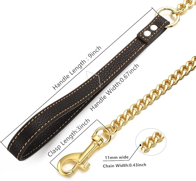 Gold Dog Leash 11MM Heavy Duty Metal Pet Leash 18K Gold Plated Stainless Steel Chain Leash with Padded Handle 3FT/4FT/5FT(11mm,4ft)