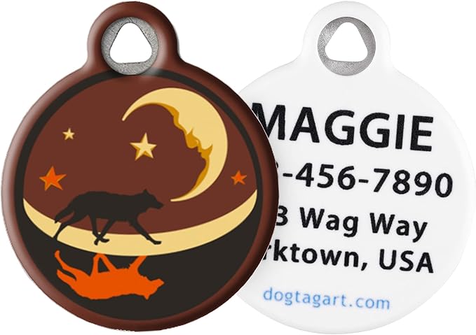 Dog Tag Art Shadow Hunter Lupine Pattern Personalized Pet ID Tag for Dogs and Cats, Silent Polymer Coated Stainless Steel Nametag with Customized Identification Information - Small .875" Diameter