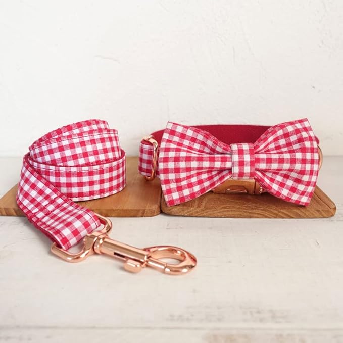 PETDURO Personalized Gingham Plaid Dog Collar Red - Engraved Name and Phone Number on Rose Gold Metal Buckle - Custom for Small Medium Large Boy Girl Dogs - Add Leash Bow Tie via Customize Now