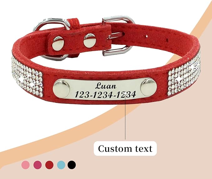 Personalized Dog Collar with Rhinestone Name Tag - Glitter Polyester Collar Adjustable [Red，S]
