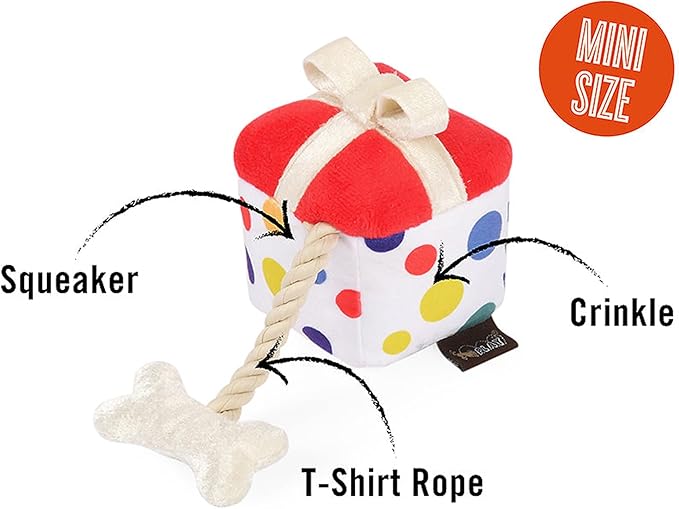 P.L.A.Y. Cute Plush Dog Toy - Birthday Party Celebration Themed Durable Squeaker Chew Toy, Great for Puppies & Small, Medium, Large Dog - Machine Washable, Recycled Material (Pawfect Present, X-Small)