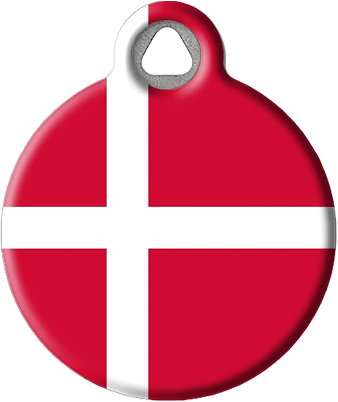Dog Tag Art Danish Flag Personalized Pet ID Tag for Dogs and Cats, Silent Polymer Coated Stainless Steel Flag of Denmark Nametag with Customized Identification Information - Large 1.25" Diameter