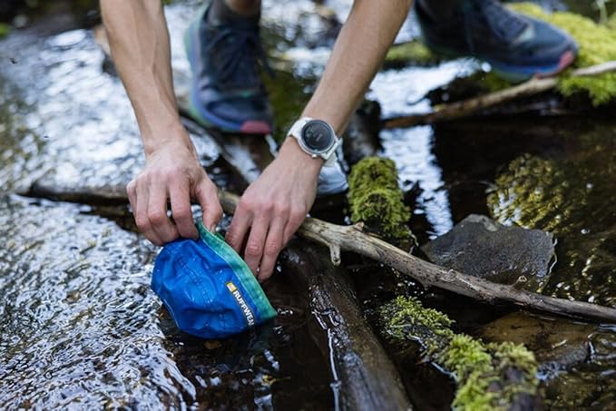 Ruffwear, Trail Runner Collapsible Dog Bowl, Ultralight Packable Water Bowl, Waterproof Coated Fabric, Packs Into Its Own Pocket, Pocket‑Friendly for On-The-Go Hydration, 4.2 Cups (1 L), Blue Pool