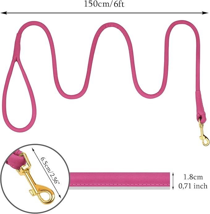 OOPSDOGGY Reflective Rolled Leather Dog Leash 6ft - Soft Training Lead for Small Medium Large Dogs Puppy - Heavy Duty Rope Puppies Leashes for Outdoor Walking Running (Pink, Small)