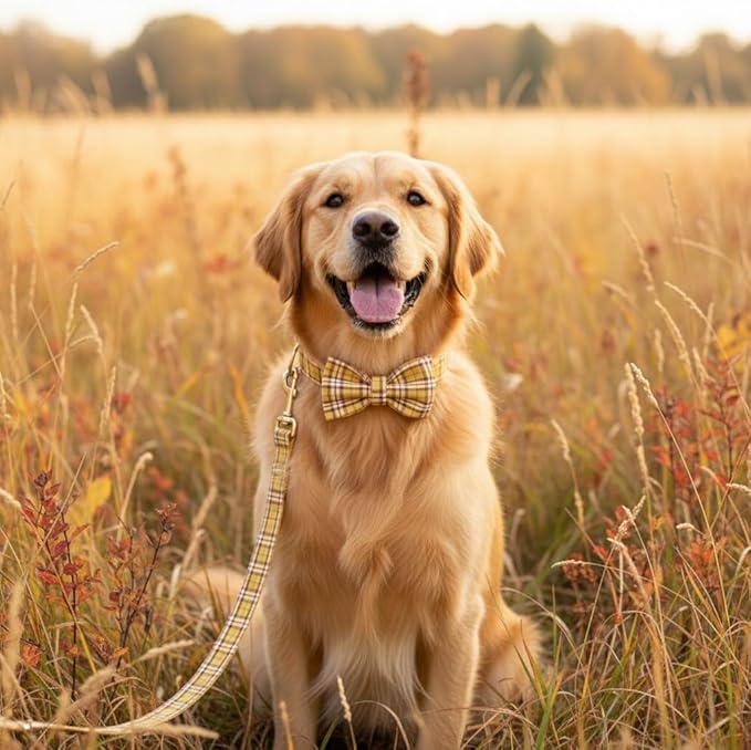 PETDURO Personalized Plaid Dog Collar Lemon Yellow - Engraved Name and Phone Number on Gold Metal Buckle - Custom for Small Medium Large Boy Girl Dogs - Add Leash Bow Tie via Customize Now