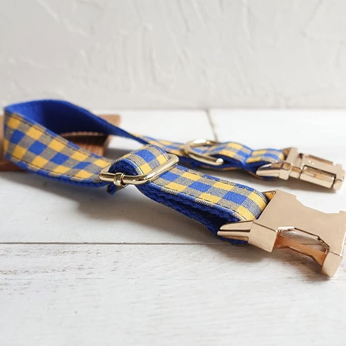 PETDURO Personalized Checkered Plaid Dog Collar Blue Yellow - Engraved Name and Phone Number on Gold Metal Buckle - Custom for Small Medium Large Boy Girl Dogs - Add Leash Bow Tie via Customize Now