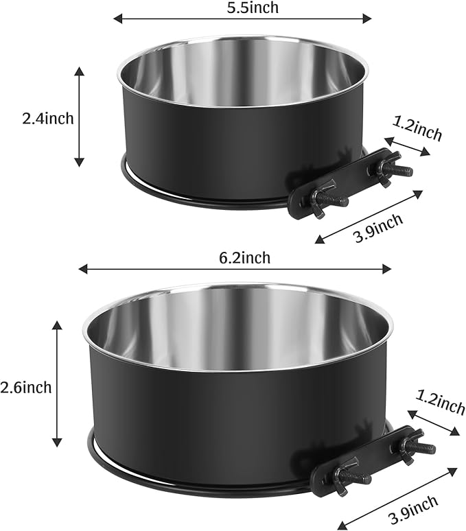 Dog Crate Bowl, Kennel Dog Bowls Mountable & Non Slip Rubber Base Food and Water Bowls, 34oz & 25oz Metal Dish for Medium and Small Pets, Cats, Dogs, Puppy, Rabbit, 2 Pack, Black