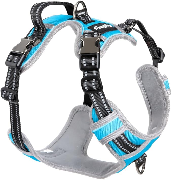 DogTraxs - Step-in Dog Harness - for Extra Large Dogs - Soft Padding & Reflective Trim - Adjustable No Pull Through Design - Control Handle - Top & Front Clip Durable - Sky Blue