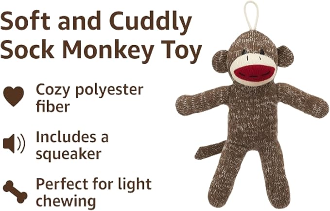 Cozy Buddy Sock Monkey Dog Toy – Soft Plush Dog Toy with Squeaker, Polyester Fiber, Cuddly Sock Monkey for Light Chewing. (Pack of 2)