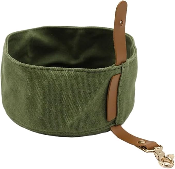 Canvas Dog Bowl, Travel Dog Food & Water Bowl, Pet Dish, Waxed Canvas(Green)