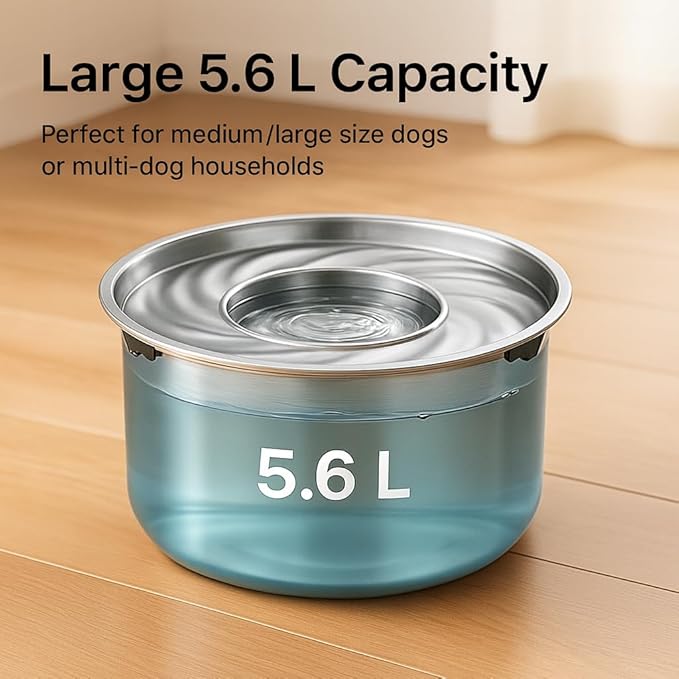 Large Stainless Steel Slow Feeder Dog Bowl with Lid – 198oz/5.6L No Spill Water Dispenser – Slobber Stopper for Healthy Slow Drinking – Non-Slip Pet Bowl for Travel, Kennels and Crates