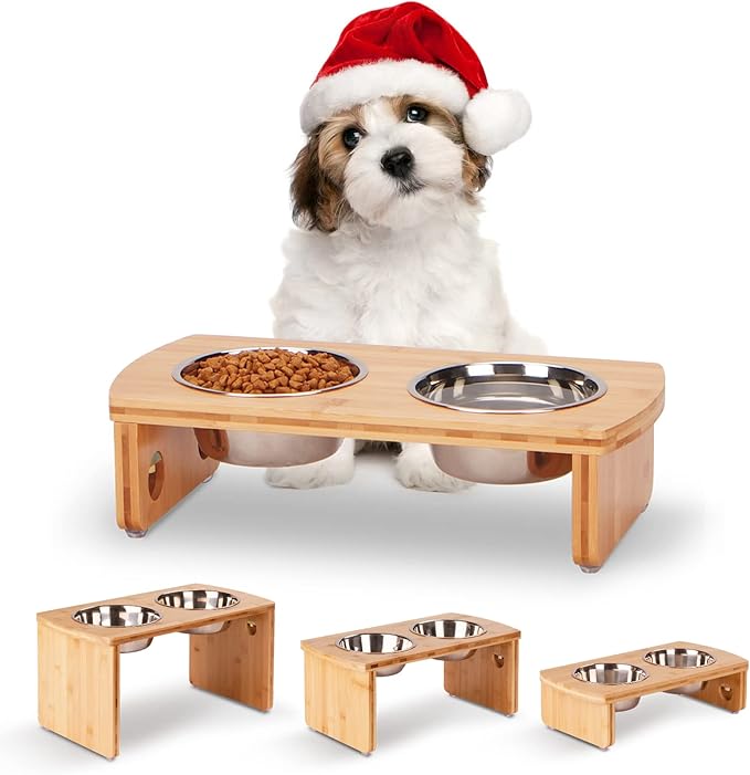 Elevated Dog Bowls, Bamboo Raised Dog Bowl for Small Dogs & Cats, with 2 Stainless Steel Bowls (4'' Tall-20oz Bowl, Natural)