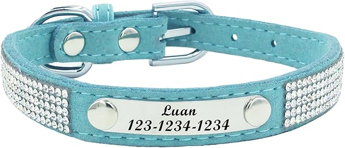 Personalized Dog Collar with Rhinestone Name Tag - Glitter Polyester Collar Adjustable [Sky Blue，L]