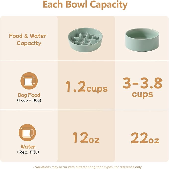 Ceramic 1.2 Cup Raised Slow Feeder Dog Bowl Set, Elevated 6.1inch Bowl and 7.3inch Slow Pet Food Dish with Wooden Stand for Small and Medium Dog (2 x Light Green+ Stand)