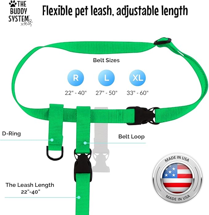 The Buddy System Hands Free Dog Leash, Adjustable Leash for Running, Jogging, Training and Service Dogs, Great for Small, Medium and Large Dogs, Made in USA (Green, Large Belt (27"- 50" Waist))
