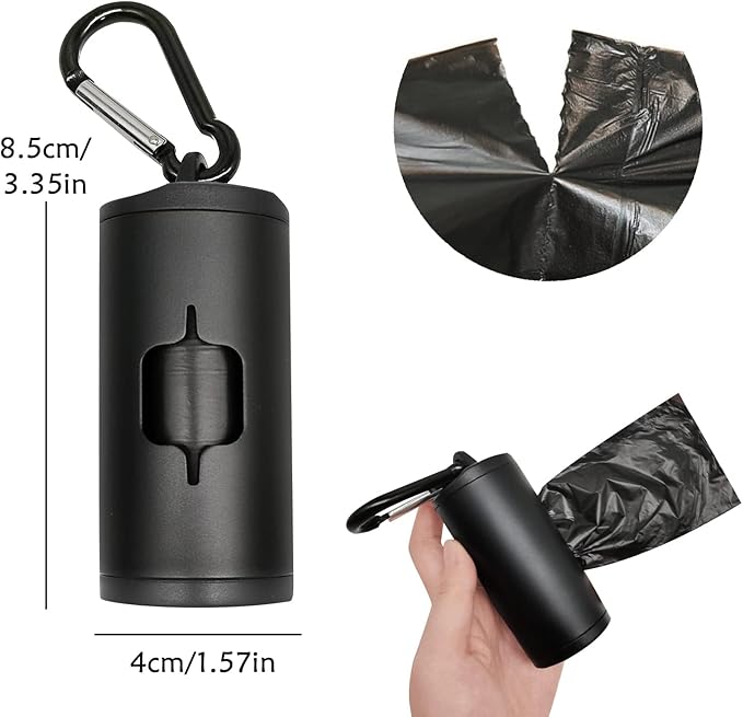 Aluminum Dog Poop Bags Holder with Carabiner Metal Pet Waste Bags Dispenser with Hook and Loop Fastener and Elastic Cord to Carry Used Bags (Black, 1 Holder 15 Bags)