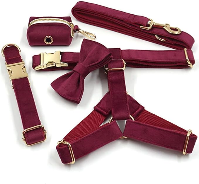 PETDURO Custom Dog Collar Personalized with Name Engraved Gold Metal Buckle for Large Medium Small Girl Dogs - Dog Leash Bow Tie and Harness Available - Soft Comfy Velvet (Claret G, XS)