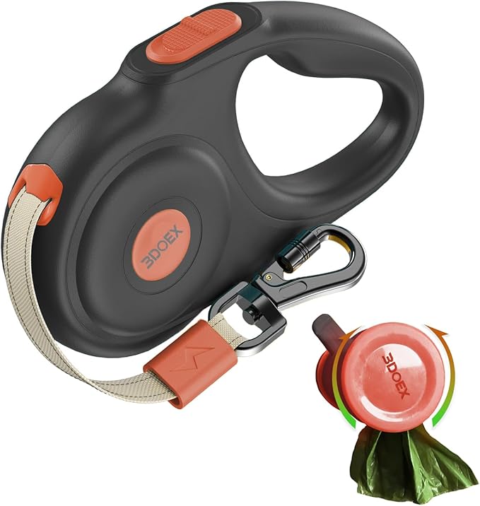 Retractable Dog Leash 16FT for Small & Medium Dogs, Sturdy Heavy-Duty Nylon Tape with Secure Locking Carabiner & Poop Bag Holder, Smooth One-Hand Control, Anti-Slip Handle, Tangle-Free Design (Black)