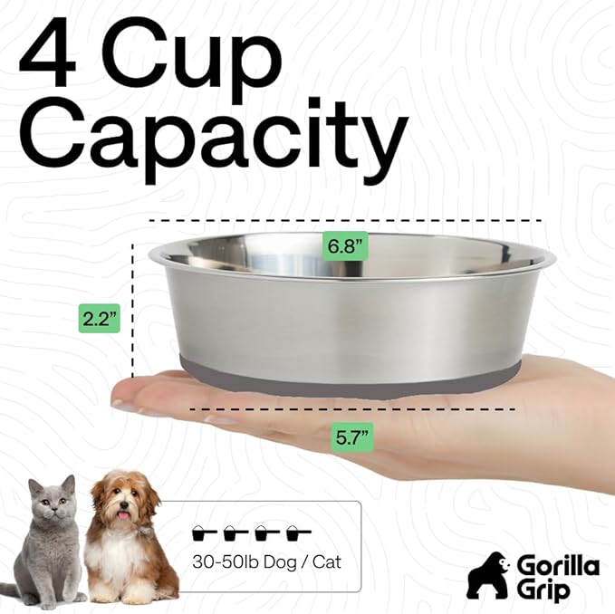 GORILLA GRIP Dog Bowls, Holds 4 Cups Each (32 fl oz), Heavy Duty Stainless Steel Food and Water Bowl for Feeding Dogs and Cats, Dishwasher Safe, Rust Resistant, BPA Free Rubber Base, Set of 2 Gray